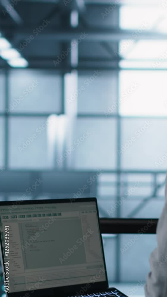Poster vertical video engineer in data center operating notebook, deploying new server architectures. serve