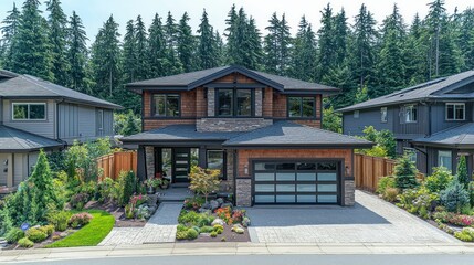 Obraz premium Modern house, forest backdrop, suburban street, aerial view, real estate