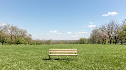 Fototapeta premium Park bench, spring meadow, city skyline view, relaxing