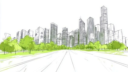 Fototapeta premium Urban Landscape with Green Trees and Skyscrapers in a Modern City, Clear Sky, Minimalistic Design, Architectural Illustration of Metropolis Scene
