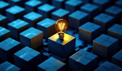 Illuminated Light Bulb on Blue Boxes Creating a Unique Contrast in a Creative Concept About Innovation and Ideas in a Business Environment