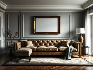 Contemporary sitting room with an empty frame on the wall behind a leather sofa