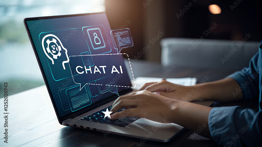 Poster Man Interacting with AI Chatbot: Futuristic Technology, Virtual Assistant, Intelligent Artificial Intelligence, Command Prompt, Generate, Help, Work, 