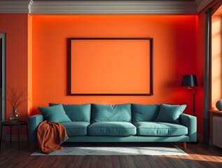 Contemporary lounge with a green sofa and an empty frame on an orange wall