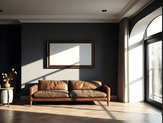 Contemporary sitting room with an empty frame on the wall behind a leather sofa