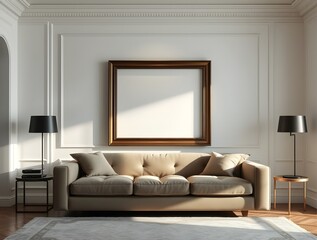 Contemporary sitting room with an empty frame on the wall
