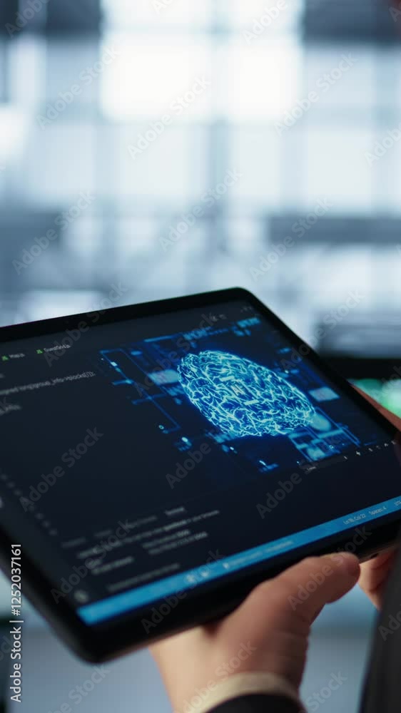 Poster vertical video data center technician using artificial intelligence on tablet to prevent vulnerabili