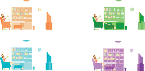 Obraz premium vector set of a woman sitting in a chair and reading a book