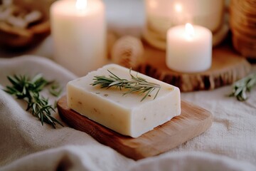 Natural Handmade Soap with Fresh Herbs and Warm Candle Light for Relaxation and Aromatherapy in a Cozy Setting
