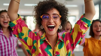 Team celebrating success vibrant workspace group photo bright environment upbeat viewpoint workplace spirit