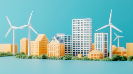 Sustainable cityscape featuring solar wind and hydro power innovations urban environment eco-friendly design