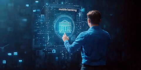 Futuristic concept of mobile banking with a user interacting with a digital interface and holographic display in a modern technological environment