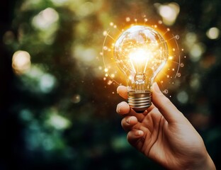 Hand Holding a Light Bulb with Glowing Light Representing Ideas and Creativity in Nature Background with Bokeh Effect