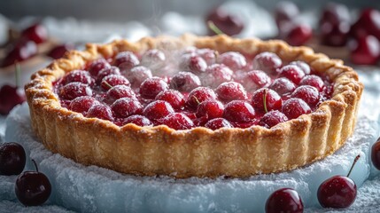 Fresh Cherry Tart with Golden Crust and Powdered Sugar