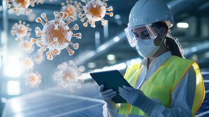 Solar Engineer Reviewing Panels at Renewable Energy Power Plant