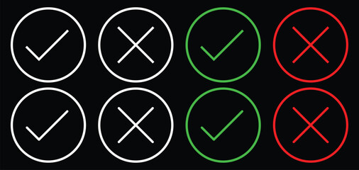 chack mark and cross mark icon set. green checkmark ok and red x icons, green checkbox, checkmark icons, result icon, cross icon, 