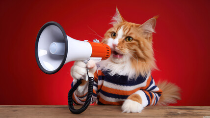 Fototapeta premium Cute cat with a megaphone on a red background. attention announcement