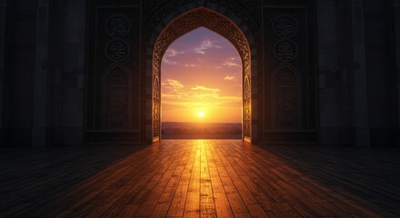 Fototapeta premium Wooden floor with mosque door arch with landscape view and sunset scene background
