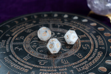 Horoscope zodiac circle with divination dice. Fortune telling and astrology predictions charts...