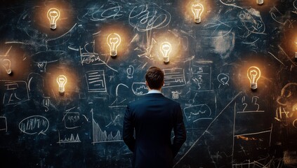 Businessman Observing Innovative Ideas on Chalkboard with Light Bulbs, Concept of Creativity, Strategy, and Inspiration in Modern Workspace Environment