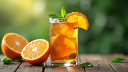 Fototapeta premium A refreshing glass of iced tea with orange slices and fresh mint leaves, condensation forming on the glass