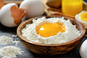 Fresh egg yolk in flour creating dough for baking