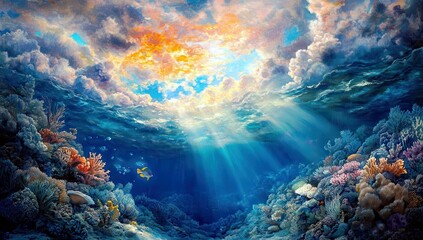 Fototapeta premium Vibrant Underwater Scene with Colorful Coral Reefs and Sunlight Streaming Through Ocean Waves in a Majestic Marine Environment