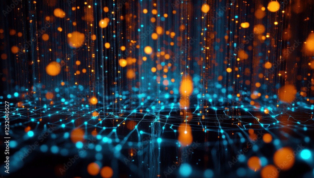 Poster abstract digital landscape with glowing orange and blue particles creating a mesmerizing visual effe