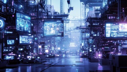 Futuristic digital cityscape with neon lights, screens displaying data, technology elements, and a vibrant cyberpunk atmosphere at dusk