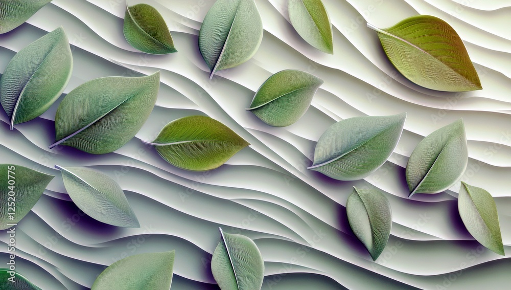 Poster green leaves on textured background with soft waves and subtle shadows creating a calming and natura