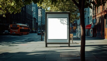 Empty billboard waiting for advertisement in urban city street surrounded by trees and buildings on bright sunny day