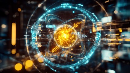 Obraz premium Vibrant Digital Representation of an Atom with Luminous Nucleus and Glowing Electron Paths in a High-Tech Background