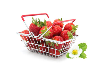 Shopping supermarket basket with fresh organic ripe strawberries whole with leaves and flowers on a branch isolated on a white background. Purchase of products. Agricultural products and harvesting.