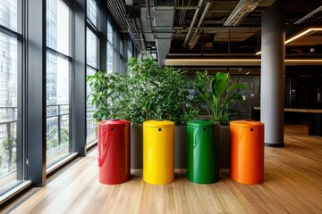 Vibrant Modern Office Space Featuring Colorful Waste Bins and Lush Green Indoor Plants in a Bright Contemporary Environment