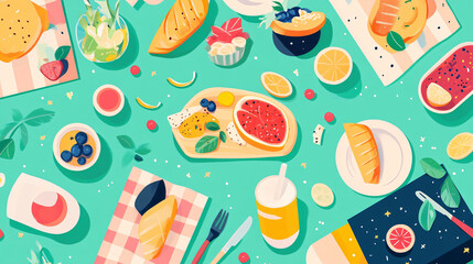 A graphic representation illustrates a summer party filled with food and drinks.