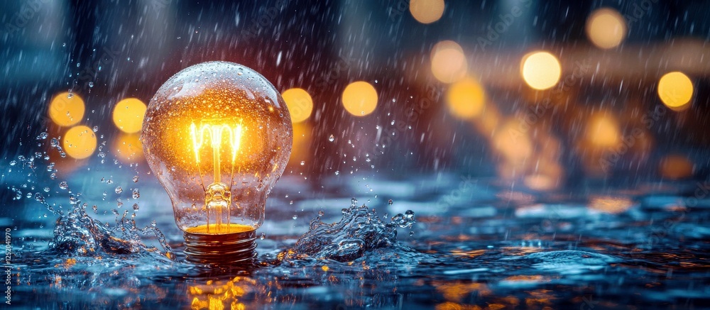 Poster illuminated light bulb in rainy setting with glowing filament creating reflective water surface and 