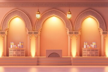 Elegant Islamic Architecture Interior Design Ramadan Background Warm Lighting Ornate Arches