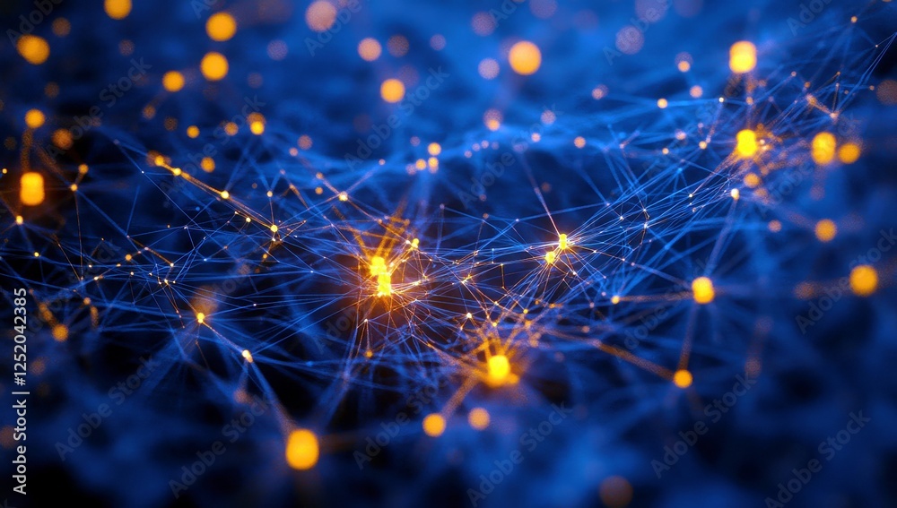 Poster abstract digital network connection with bright nodes and blue background for technology, science, a