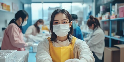Women wearing masks packing boxes
