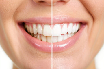 Woman showing teeth whitening before and after treatment