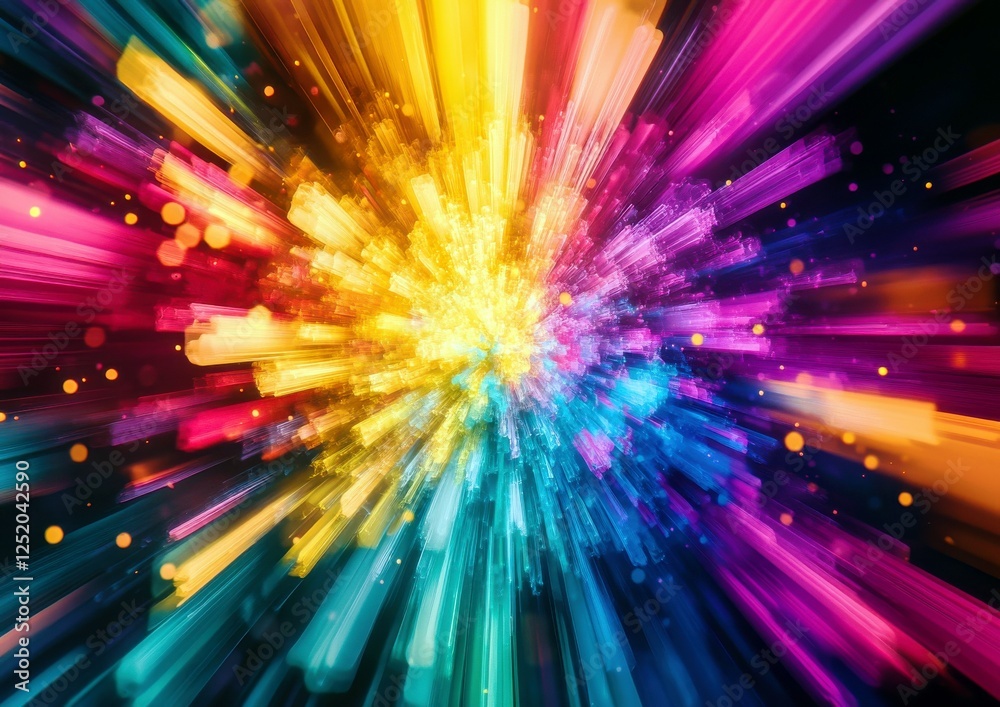 Poster vibrant color explosion with dynamic light rays and bokeh effects in a luminous abstract background 