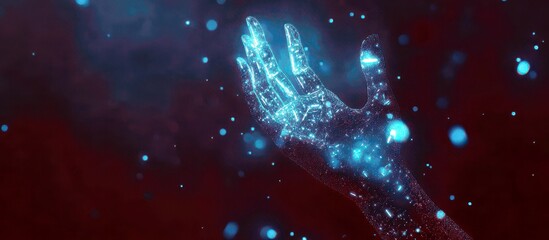 Futuristic Glowing Hand with Digital Particles Representing Technology and Innovation, Cybernetics, and the Concept of Connectivity in a Virtual World