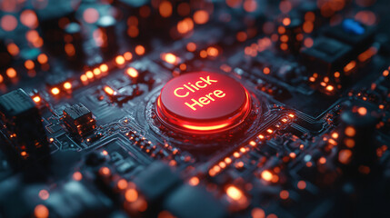 Illuminated Click Here Button on Futuristic Circuit Board