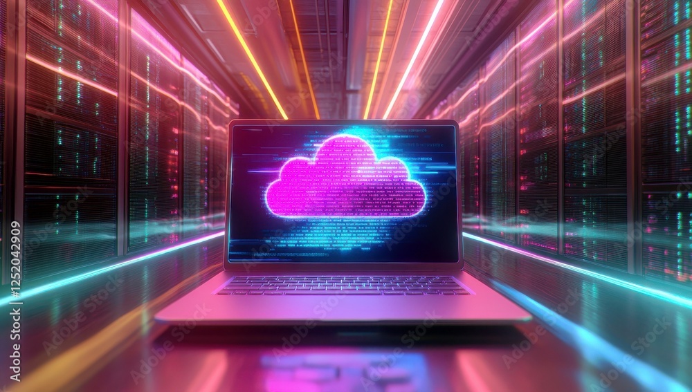 Poster modern cloud computing concept with futuristic laptop displaying digital data and neon lights in a h