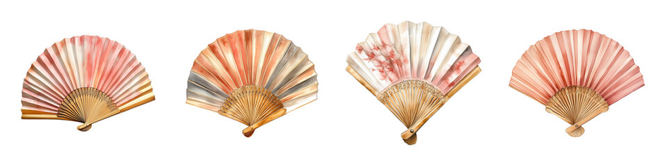 Elegant Vintage  Watercolor Hand Fan with Golden Details set 