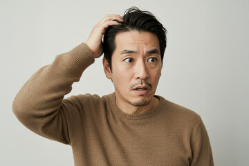 頭を触る男性、薄毛、抜け毛、ヘアケア、ショック、驚き