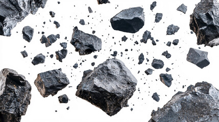 Gray rocks falling through the air, cut out for design use.