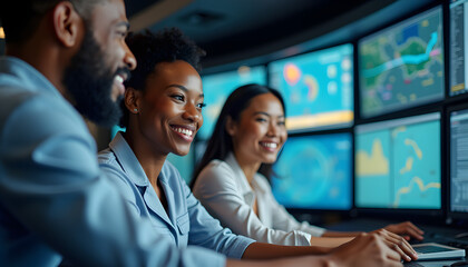a group of people sitting in front of computer monitors