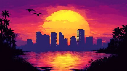 Fototapeta premium Vibrant Sunset Over City Skyline With Palm Trees