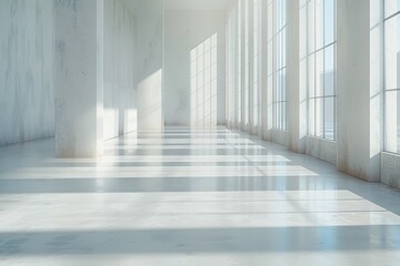 There is a long hallway with a lot of windows and a clock